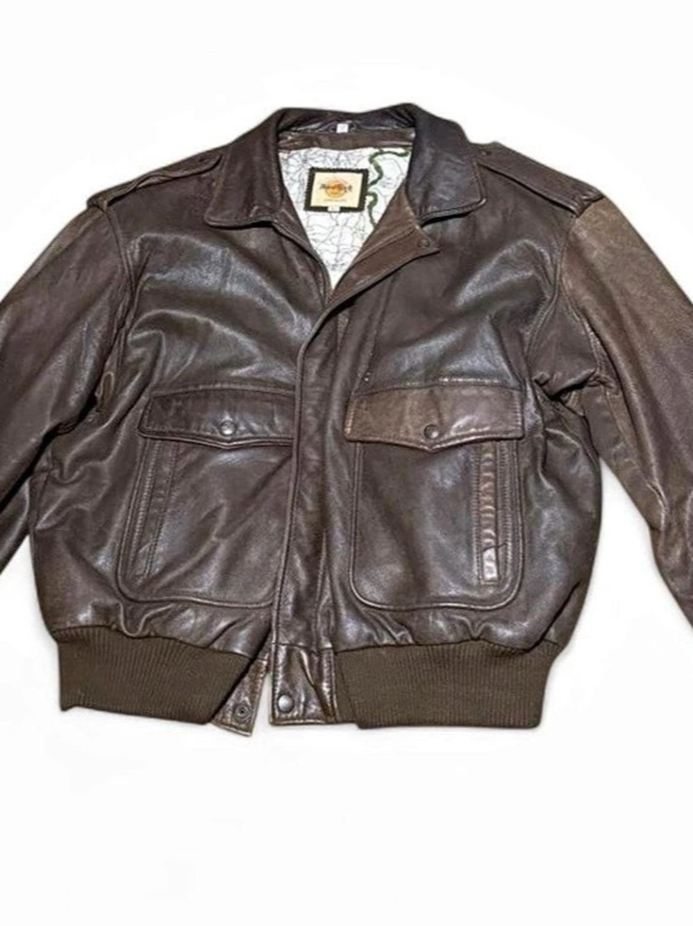 Hard Rock Cafe Vintage Map Lining Leather Bomber Jacket Brown XL